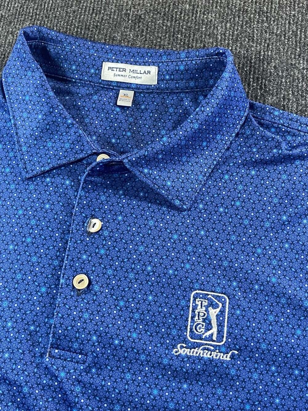 Peter Millar Summer Comfort TPC Southwind Blue Geometric Print  Golf Polo XL